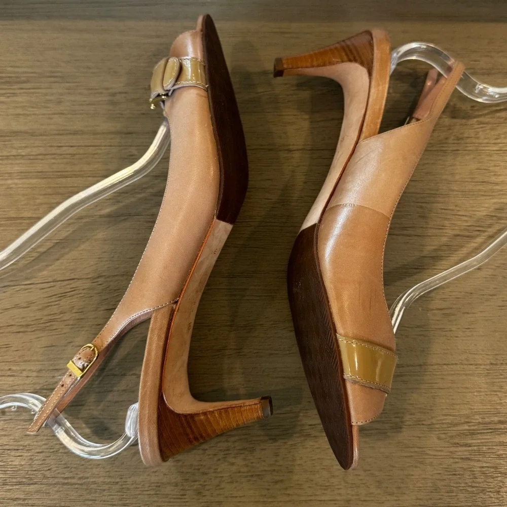 Cole Haan Women 10 B Beige Leather Slingback Peep Toe Kitten Heel Comfort Career